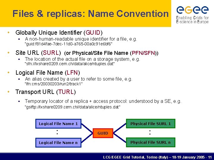 Files & replicas: Name Convention • Globally Unique Identifier (GUID) § A non-human-readable unique