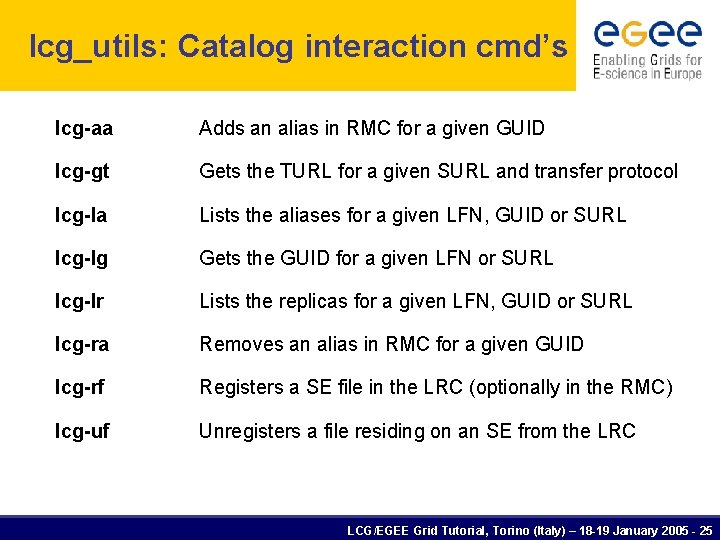 lcg_utils: Catalog interaction cmd’s lcg-aa Adds an alias in RMC for a given GUID