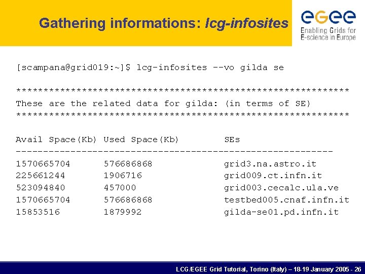 Gathering informations: lcg-infosites [scampana@grid 019: ~]$ lcg-infosites --vo gilda se ******************************* These are the