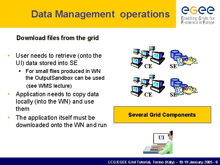 Data Management operations Download files from the grid • User needs to retrieve (onto