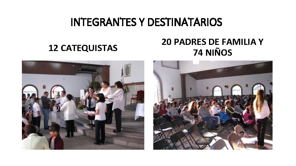 INTEGRANTES Y DESTINATARIOS 12 CATEQUISTAS 20 PADRES DE FAMILIA Y 74 NIÑOS 