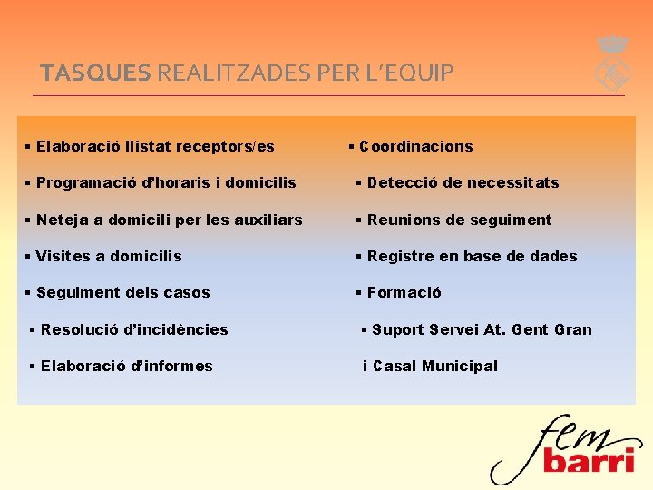 TASQUES REALITZADES PER L’EQUIP Elaboració llistat receptors/es Coordinacions Programació d’horaris i domicilis Detecció de