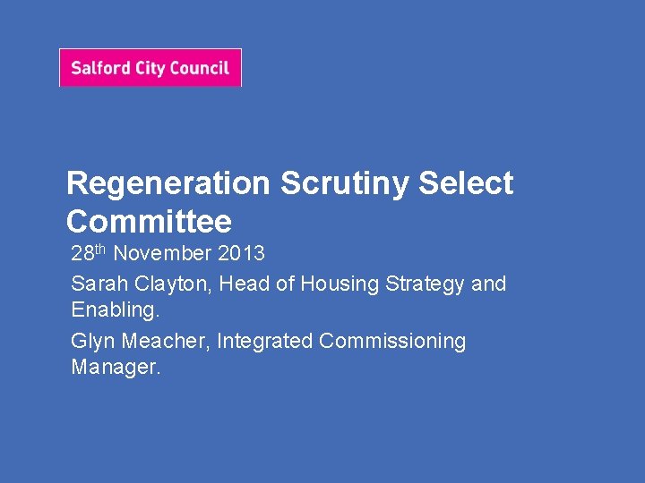 Regeneration Scrutiny Select Committee 28 th November 2013 Sarah Clayton, Head of Housing Strategy