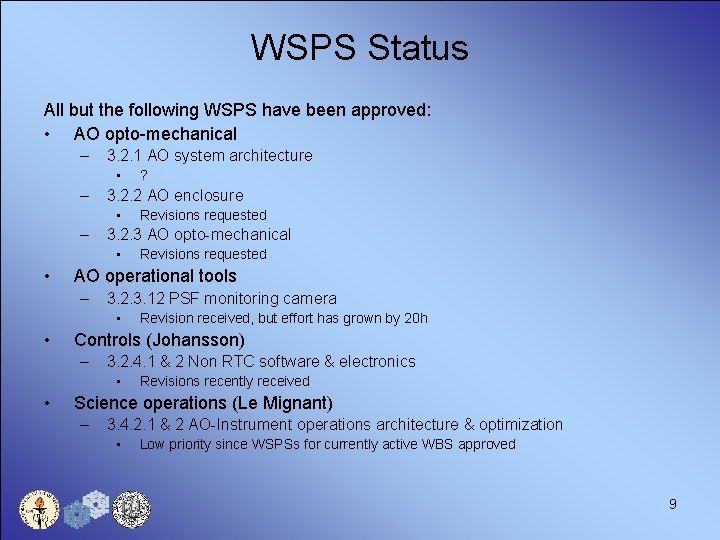 WSPS Status All but the following WSPS have been approved: • AO opto-mechanical –