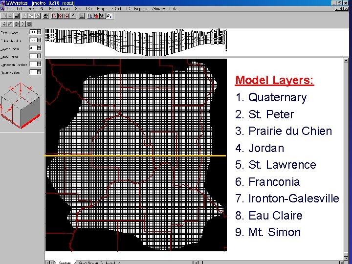 Model Layers: 1. Quaternary 2. St. Peter 3. Prairie du Chien 4. Jordan 5.