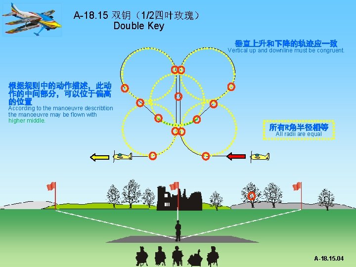 A-18. 15 双钥（1/2四叶玫瑰） Double Key 垂直上升和下降的轨迹应一致 Vertical up and downline must be congruent. 根据规则中的动作描述，此动