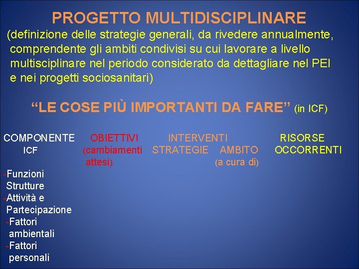 PROGETTO MULTIDISCIPLINARE (definizione delle strategie generali, da rivedere annualmente, comprendente gli ambiti condivisi su