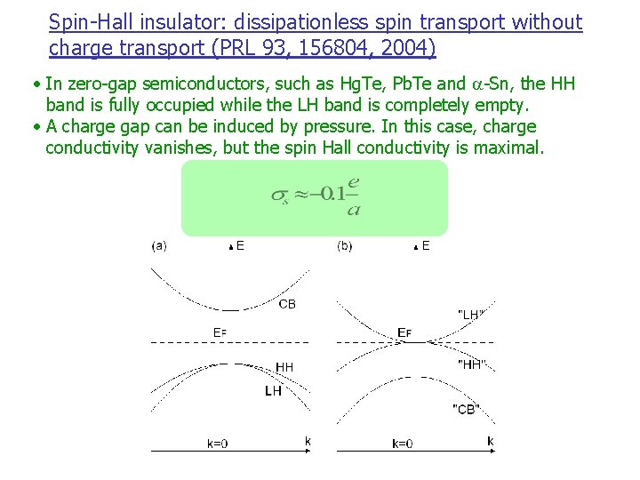 Spin-Hall insulator: dissipationless spin transport without charge transport (PRL 93, 156804, 2004) • In
