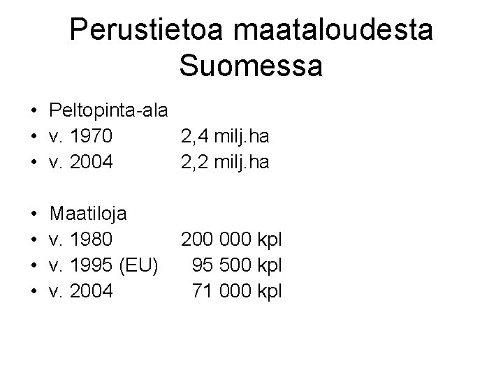 Perustietoa maataloudesta Suomessa • Peltopinta-ala • v. 1970 2, 4 milj. ha • v.