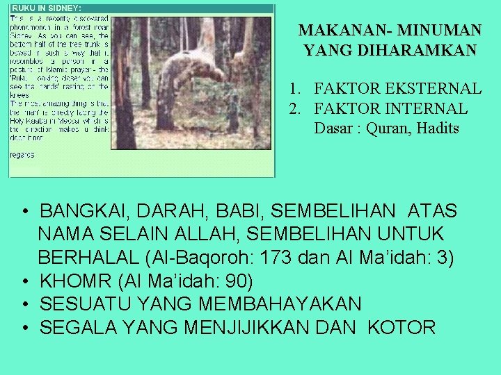 MAKANAN- MINUMAN YANG DIHARAMKAN 1. FAKTOR EKSTERNAL 2. FAKTOR INTERNAL Dasar : Quran, Hadits