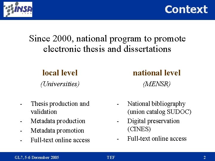 Context Since 2000, national program to promote electronic thesis and dissertations - local level