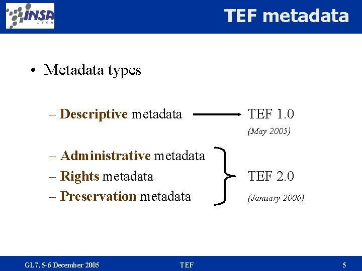 TEF metadata • Metadata types – Descriptive metadata TEF 1. 0 (May 2005) –