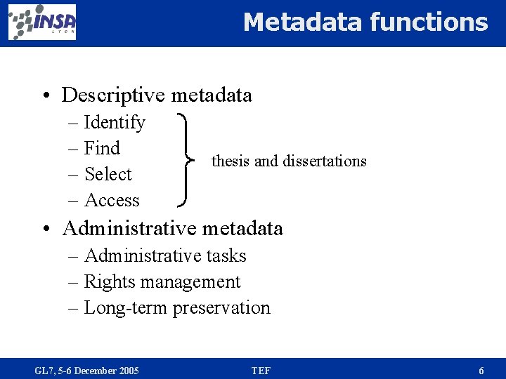 Metadata functions • Descriptive metadata – Identify – Find – Select – Access thesis