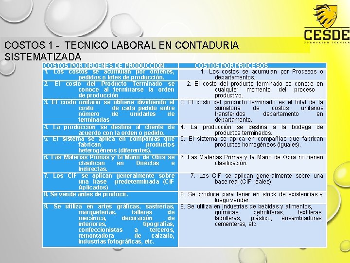 COSTOS 1 - TECNICO LABORAL EN CONTADURIA SISTEMATIZADA COSTOS POR ÓRDENES DE PRODUCCIÓN 1.