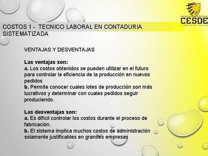 COSTOS 1 - TECNICO LABORAL EN CONTADURIA SISTEMATIZADA VENTAJAS Y DESVENTAJAS Las ventajas son: