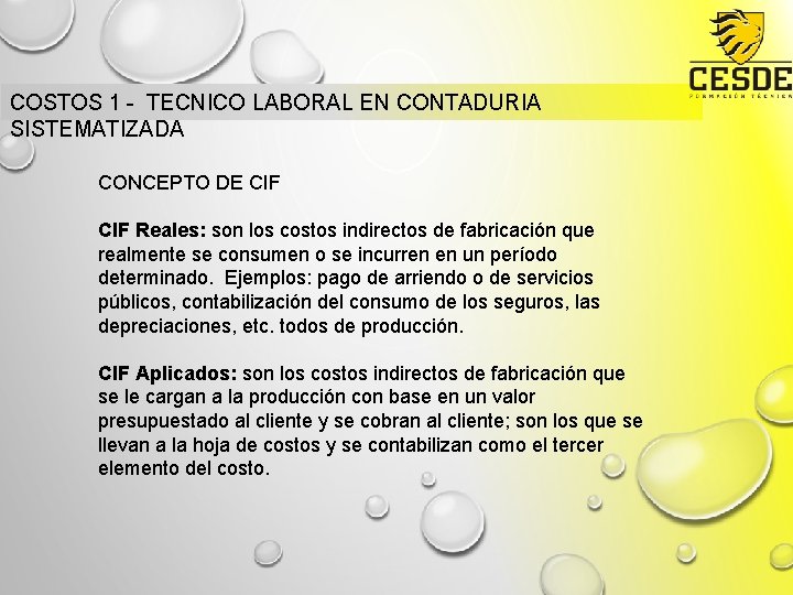 COSTOS 1 - TECNICO LABORAL EN CONTADURIA SISTEMATIZADA CONCEPTO DE CIF Reales: son los