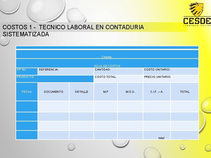 COSTOS 1 - TECNICO LABORAL EN CONTADURIA SISTEMATIZADA Cliente: OP No. : REFERENCIA: PRODUCTO: