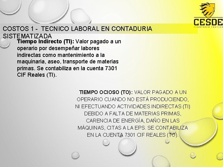 COSTOS 1 - TECNICO LABORAL EN CONTADURIA SISTEMATIZADA Tiempo Indirecto (TI): Valor pagado a