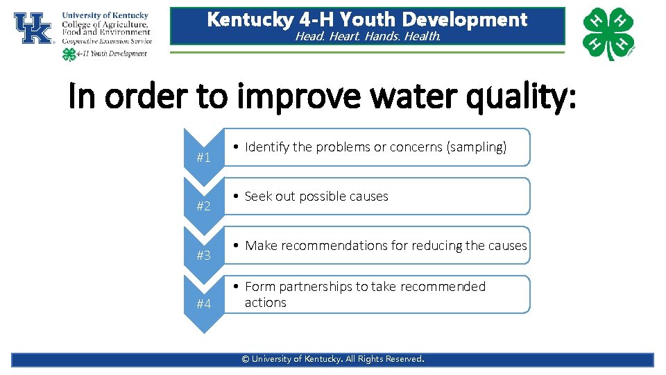 Kentucky 4 -H Youth Development Head. Heart. Hands. Health. In order to improve water