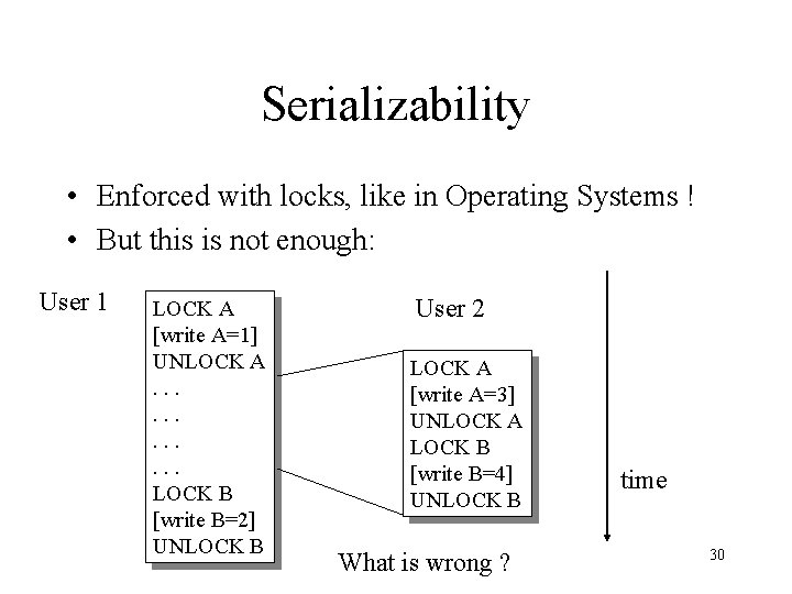 Serializability • Enforced with locks, like in Operating Systems ! • But this is