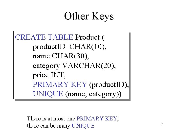 Other Keys CREATE TABLE Product ( product. ID CHAR(10), name CHAR(30), category VARCHAR(20), price