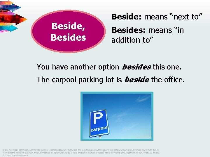 Beside, Besides Beside: means “next to” Besides: means “in addition to” You have another