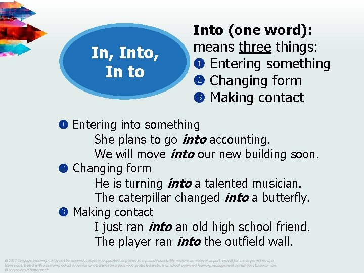 In, Into, In to Into (one word): means three things: Entering something Changing form