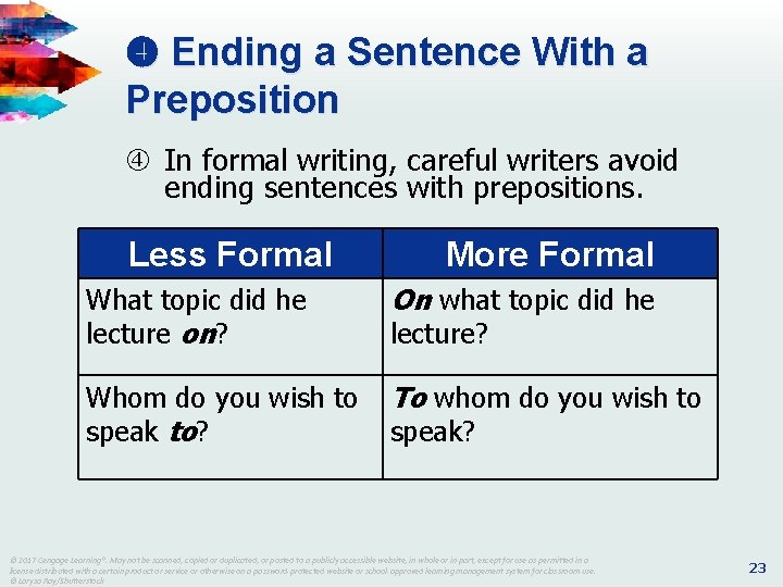  Ending a Sentence With a Preposition In formal writing, careful writers avoid ending