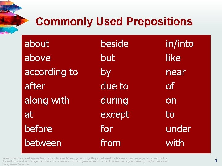 Commonly Used Prepositions about above according to after along with at before between beside