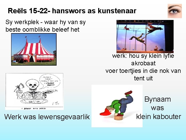 Reëls 15 -22 - hanswors as kunstenaar Sy werkplek - waar hy van sy