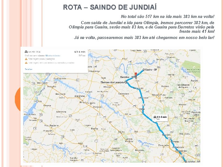 ROTA – SAINDO DE JUNDIAÍ No total são 517 km na ida mais 383