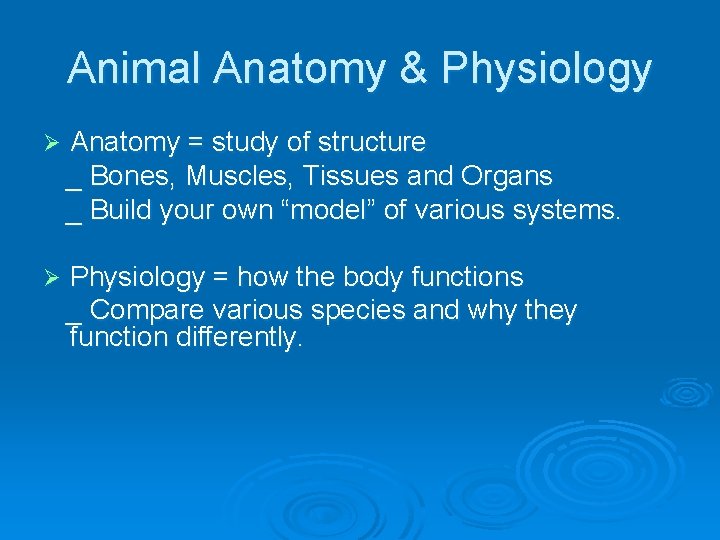 Animal Anatomy & Physiology Ø Anatomy = study of structure _ Bones, Muscles, Tissues