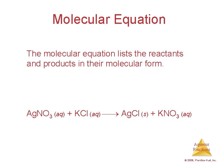Molecular Equation The molecular equation lists the reactants and products in their molecular form. Molecular Equation The molecular equation lists the reactants and products in their molecular form.