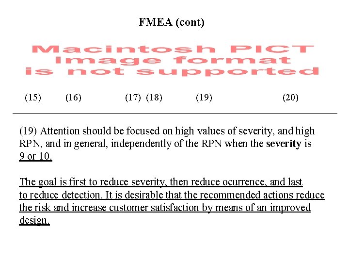 FMEA (cont) (15) (16) (17) (18) (19) (20) (19) Attention should be focused on