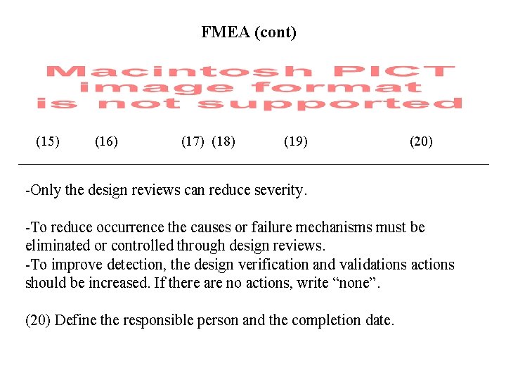 FMEA (cont) (15) (16) (17) (18) (19) (20) -Only the design reviews can reduce