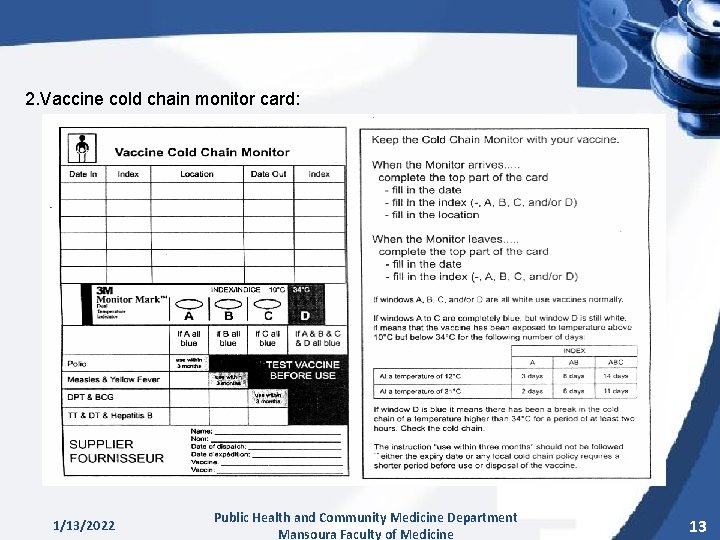 2. Vaccine cold chain monitor card: 1/13/2022 Public Health and Community Medicine Department Mansoura