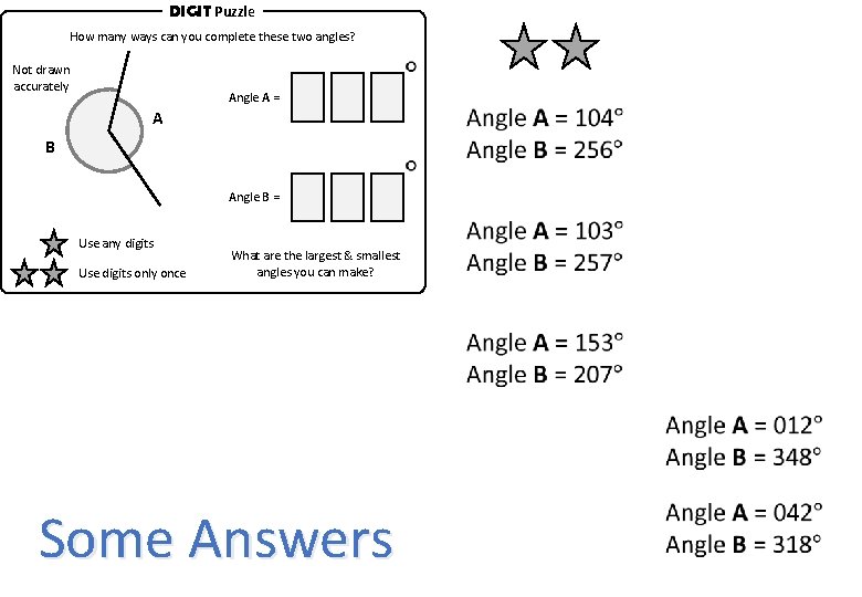 DIGIT Puzzle How many ways can you complete these two angles? Not drawn accurately