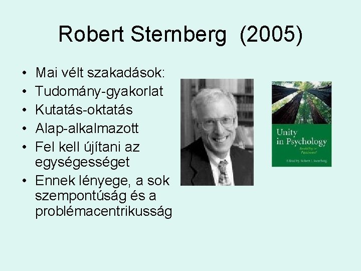 Robert Sternberg (2005) • • • Mai vélt szakadások: Tudomány-gyakorlat Kutatás-oktatás Alap-alkalmazott Fel kell