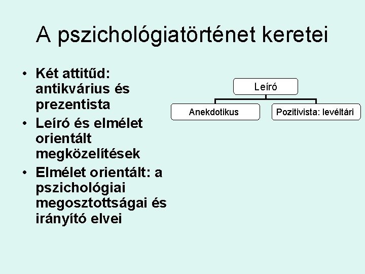 A pszichológiatörténet keretei • Két attitűd: antikvárius és prezentista • Leíró és elmélet orientált