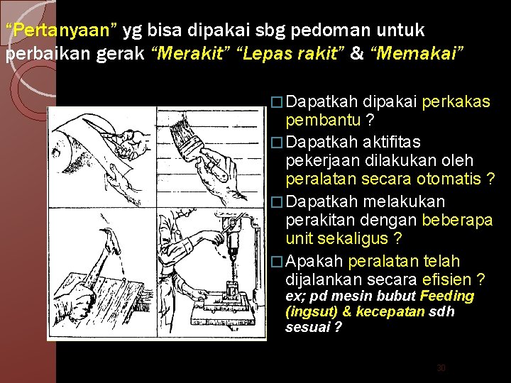 “Pertanyaan” yg bisa dipakai sbg pedoman untuk perbaikan gerak “Merakit” “Lepas rakit” & “Memakai”