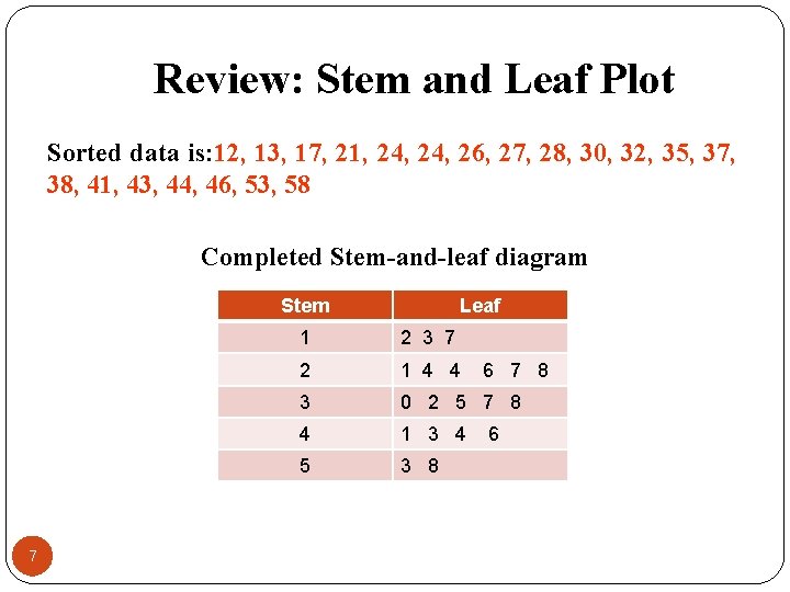 Review: Stem and Leaf Plot Sorted data is: 12, 13, 17, 21, 24, 26,