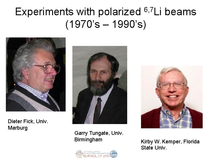 Experiments with polarized 6, 7 Li beams (1970’s – 1990’s) Dieter Fick, Univ. Marburg