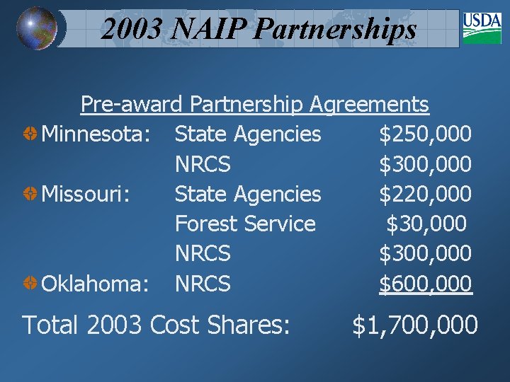 2003 NAIP Partnerships Pre-award Partnership Agreements Minnesota: State Agencies $250, 000 NRCS $300, 000