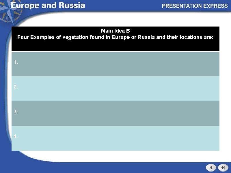 Main Idea B Four Examples of vegetation found in Europe or Russia and their