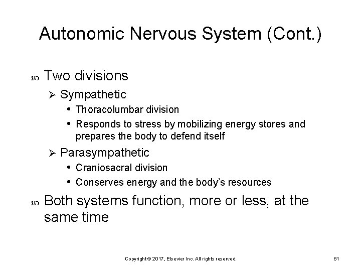 Autonomic Nervous System (Cont. ) Two divisions Ø Sympathetic • Thoracolumbar division • Responds