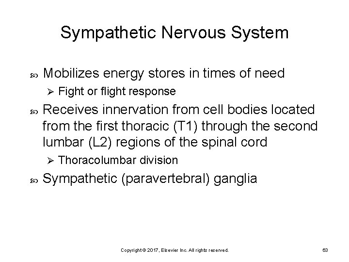 Sympathetic Nervous System Mobilizes energy stores in times of need Ø Receives innervation from