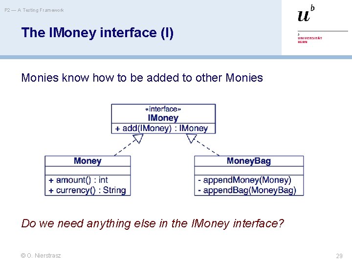 P 2 — A Testing Framework The IMoney interface (I) Monies know how to