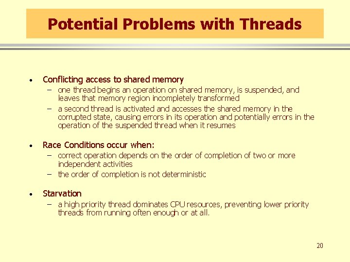 Potential Problems with Threads · Conflicting access to shared memory – one thread begins Potential Problems with Threads · Conflicting access to shared memory – one thread begins