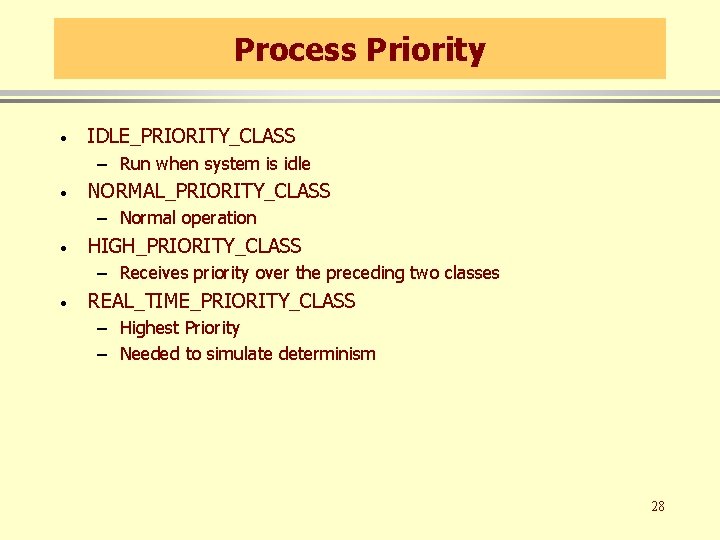 Process Priority · IDLE_PRIORITY_CLASS – Run when system is idle · NORMAL_PRIORITY_CLASS – Normal Process Priority · IDLE_PRIORITY_CLASS – Run when system is idle · NORMAL_PRIORITY_CLASS – Normal