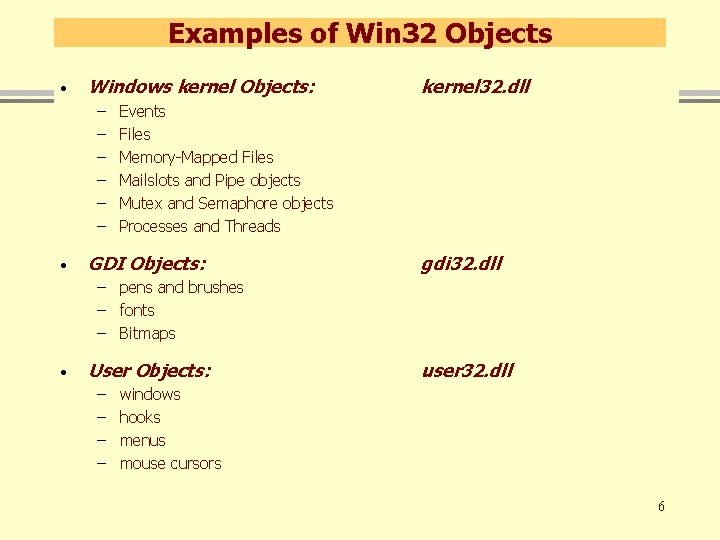 Examples of Win 32 Objects · Windows kernel Objects: – – – · kernel Examples of Win 32 Objects · Windows kernel Objects: – – – · kernel